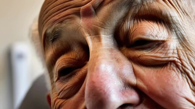 Weathered facial details revealing subtle expressiveness, gentle blinking highlighting intricate skin textures and nuanced emotional depth characteristic of advanced age