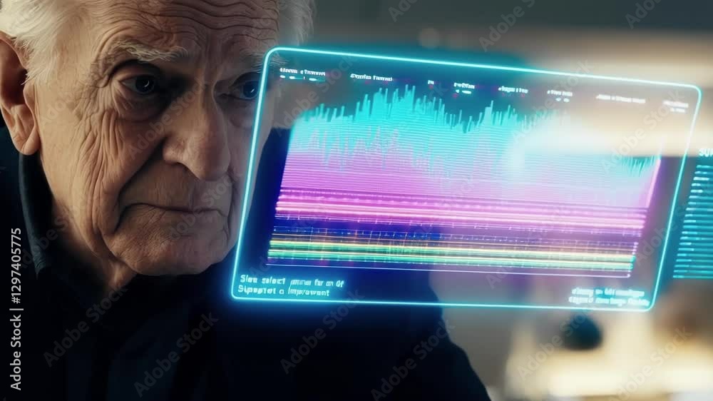 Poster senior man observes a holographic display presenting complex medical data, possibly related to sleep