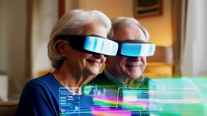 Senior couple wearing vr glasses are enjoying virtual reality experience, futuristic holographic interface, smiling and interacting with digital content - Powered by Adobe