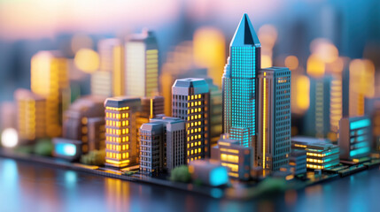 Obraz premium Futuristic cityscape model with glowing buildings and vibrant lights