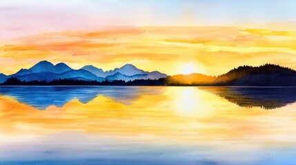 Fototapeta premium A captivating and serene landscape photograph showcasing a stunning sunset reflection over a tranquil mountain lake surrounded by majestic snow capped peaks The warm