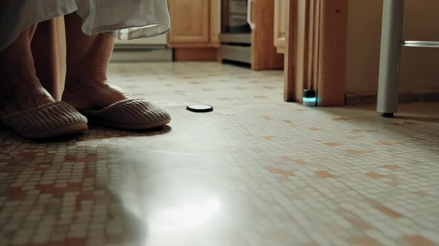 Elderly woman wearing slippers and a white dress stands in a kitchen near a fall detection sensor, promoting safety and independent living