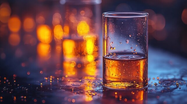 Amber elixir in glistening glass, bathed in soft, luminous bokeh lights
