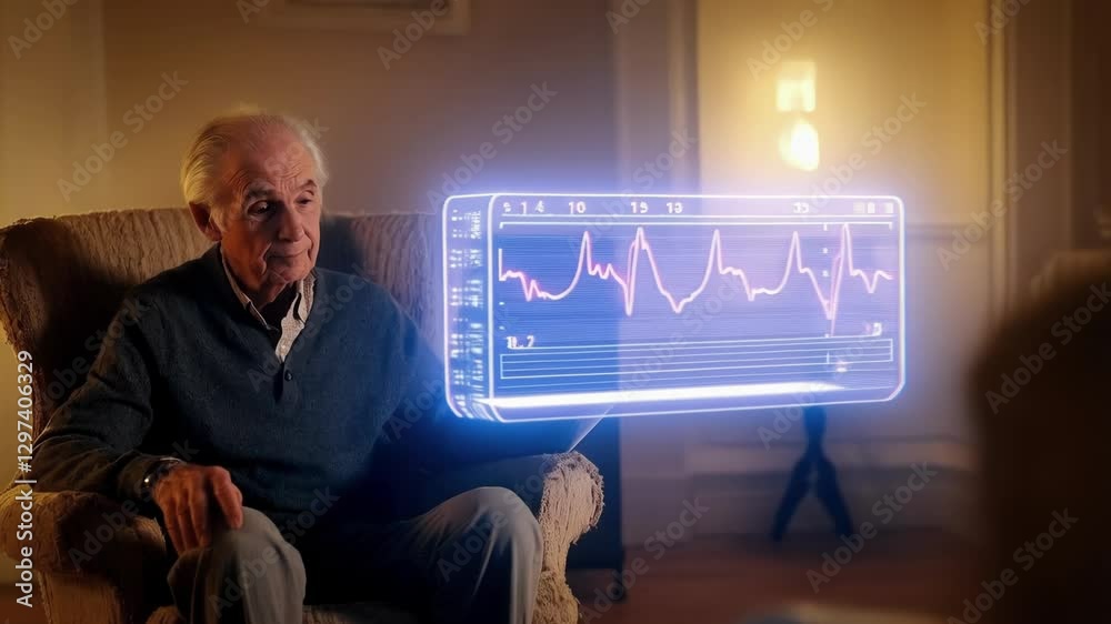 Poster elderly man relaxing in armchair, engaging with holographic display tracking personal health metrics