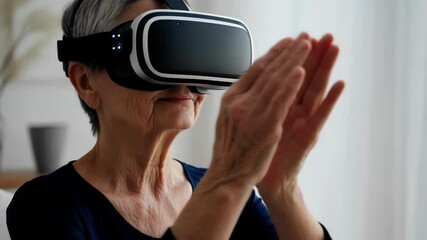 Elderly woman wearing a vr headset participates in a virtual rehabilitation program, clapping her hands as part of the therapeutic exercises - Powered by Adobe