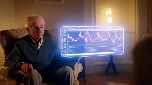 Elderly man relaxing in armchair, engaging with holographic display tracking personal health metrics through advanced remote monitoring technology