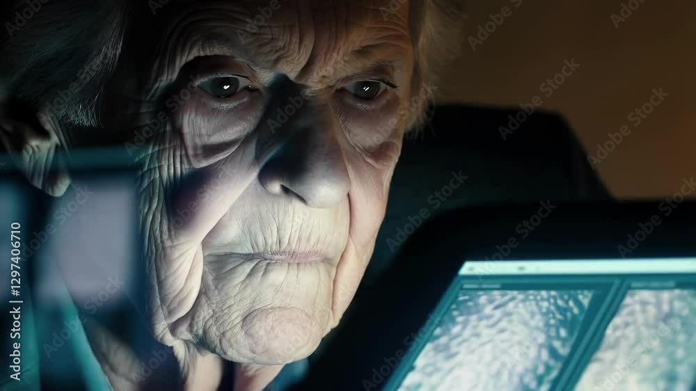 Aufkleber Focused senior scientist examines microscopic images displayed on a transparent, futuristic computer interface, her face illuminated by the soft glow of the screen in a dimly lit laboratory