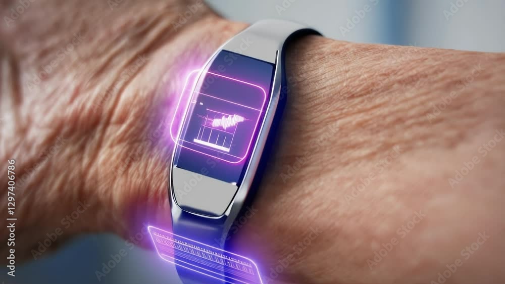 Poster futuristic smartwatch displays various health metrics on the wrist of an elderly man, showcasing pot