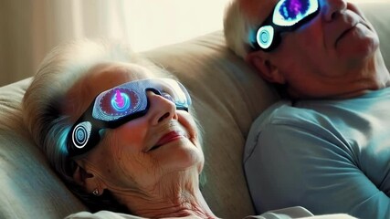 Senior couple wearing futuristic vr glasses experiencing immersive healthcare simulation, promoting relaxation and well being in modern therapy - Powered by Adobe