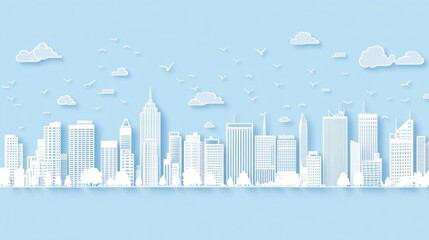 Naklejka premium Paper Cut City Skyline, Abstract Cityscape, Soft Color, Minimalist Art, Background Image, Flat Design, Illustration