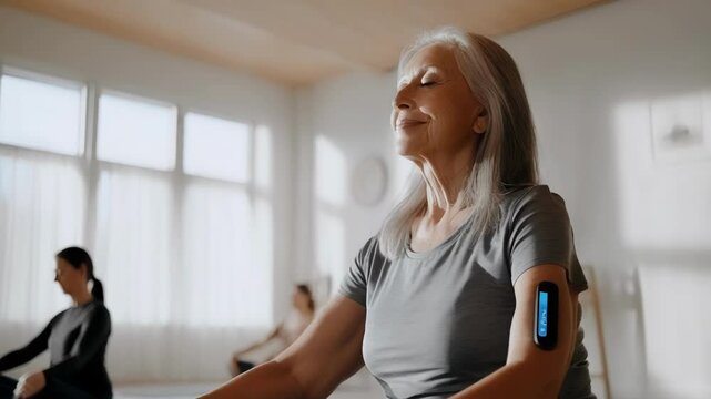 Senior woman meditating peacefully with closed eyes during yoga class, wearing biosensor patch monitoring vital signs while other participants practice in background