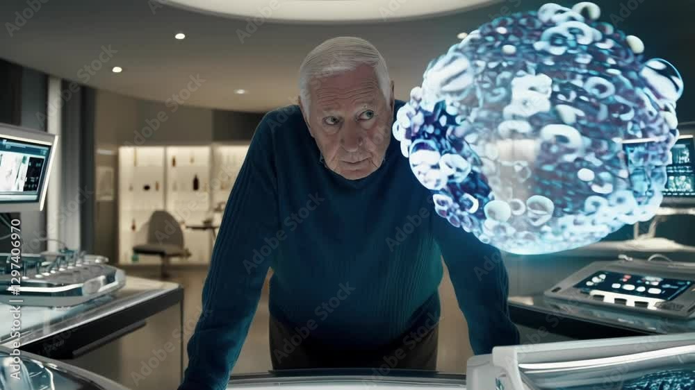 Aufkleber experienced medical researcher examining holographic projection of virus in modern laboratory settin