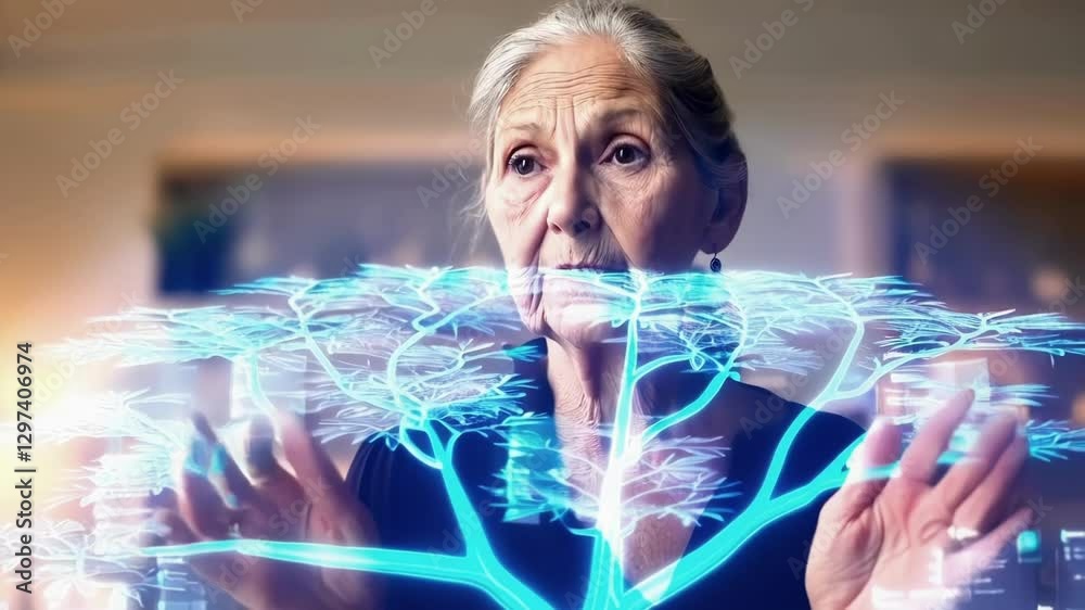 Poster Elderly scientist manipulating holographic blue tree projection, visualizing data through innovative digital interface in advanced health research environment