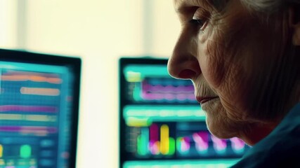 Elderly woman, possibly a scientist or medical professional, intently observes data displayed on several computer screens, her focused expression suggesting deep analysis and problem solving - Powered by Adobe
