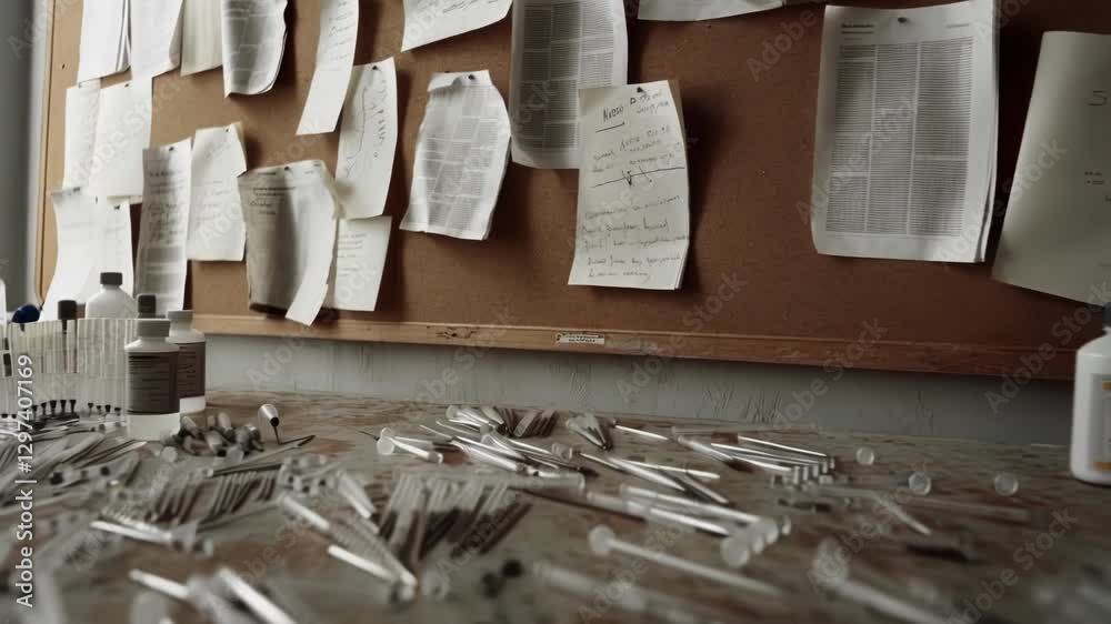 Aufkleber Glass pipettes lie scattered on a cluttered laboratory table, with various documents and notes pinned to a corkboard, creating a disorganized and busy atmosphere