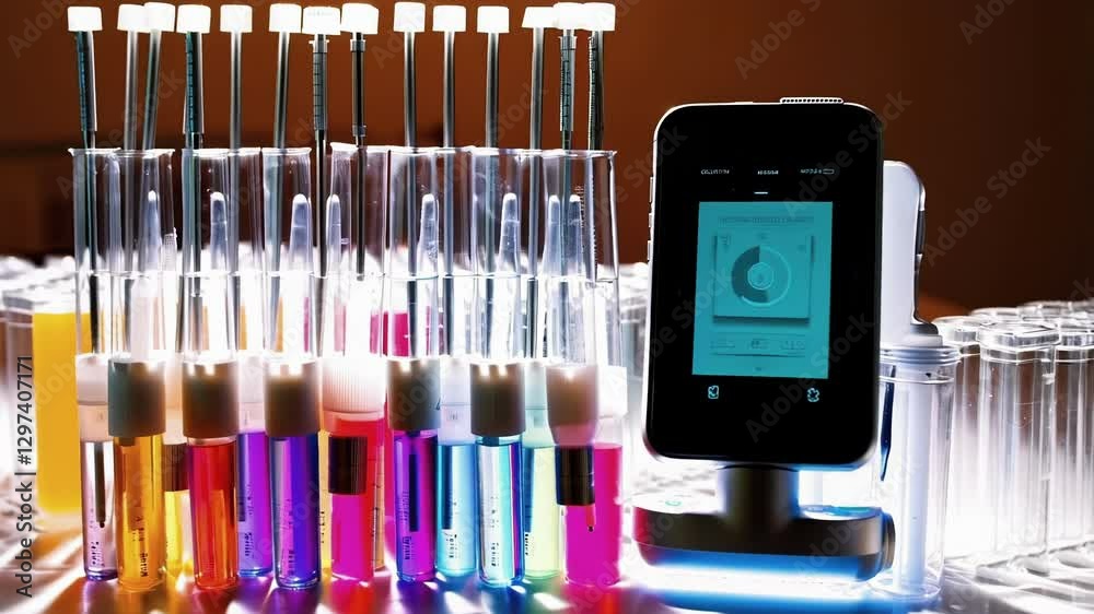 Poster laboratory equipment processes and analyzes a series of colorful test tubes, potentially indicating 