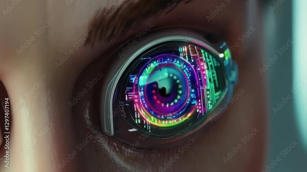 Aufkleber Close up animation showcasing a humanoid robot's eye with a futuristic bionic implant, featuring a dynamic heads up display interface with changing data and diagnostics