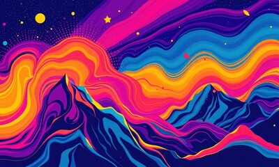 Vibrant Abstract Mountain Landscape with Luminous Swirls and Waves in Neon Colors Under a Starry Night Sky Creating an Awe-Inspiring Visual Symphony