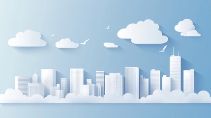 Fototapeta premium Paper cut city skyline with clouds, peaceful urban scene, potential for use in design or stock photography