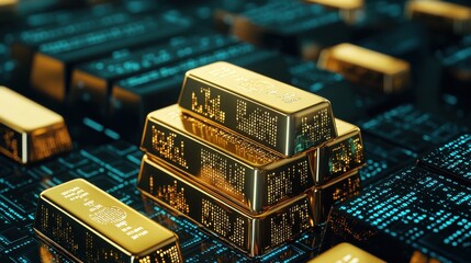 Closeup view of stacked gold bars or ingots on a futuristic circuit board background representing the digital and technological aspects of modern finance investment and wealth management