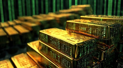 Stacks of shiny golden digital bullion bars or ingots piled high in a financial and technological background representing wealth investment and the digital economy