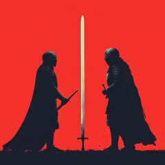 Dramatic Silhouette of Two Knights Facing Off with a Sword Against a Bold Red Background Symbolizing Conflict and Honor