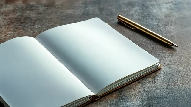 An open blank notebook on a textured surface with a gold pen beside it, ideal for creative writing
