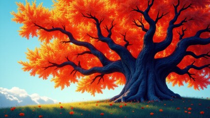 Wallpaper of a tree with vibrant orange leaves and a thick, twisted trunk on a grassy hill under a clear blue sky.