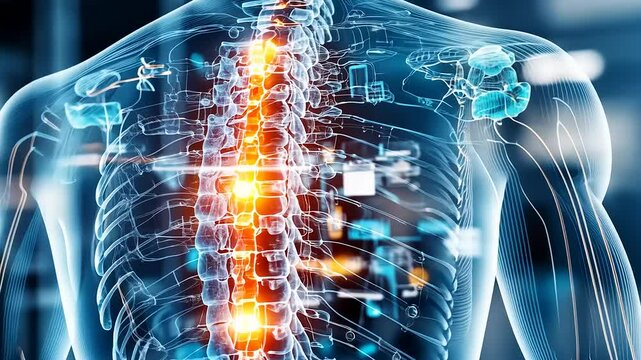 Anatomical illustration of a human spine with glowing elements, showcasing a medical environment
