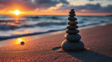 Obraz premium Zen Stone Stack on the Beach at Sunset