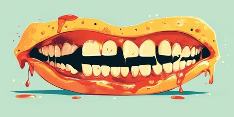 Surreal Illustration of Melting Hot Dog with Human Teeth and Ketchup on Pastel Background Evoking Culinary Creativity and Whimsy