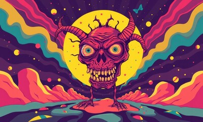 Fototapeta premium Psychedelic Skull with Horns and Cosmic Backdrop Featuring Vibrant Colors and Surreal Design Elements in a Fantasy Landscape Art Illustration