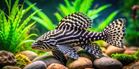 Obraz premium Striking black and white zebra pleco photography showcasing a captivating aquarium landscape.