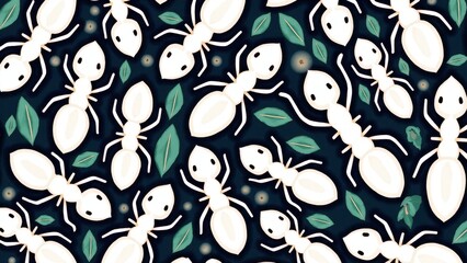Obraz premium White ants have elongated bodies, six legs, and antennae, often depicted with green leaves in the background.
