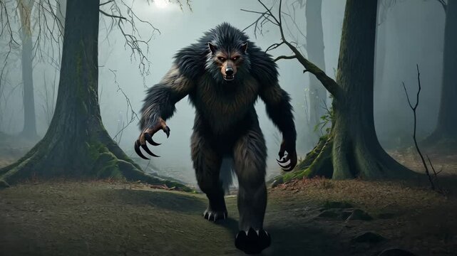 Halloween Scary Werewolf in a Misty Forest.