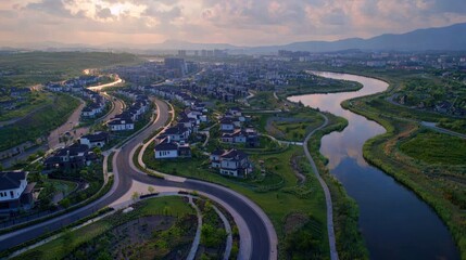 Aerial view of a serene riverside community at sunset, showcasing winding roads and lush greenery