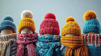Cozy knitted hats and scarves on display at a vibrant winter sale featuring fashionable items for a chilly flat, complete with a stylish foulard and plush fur.