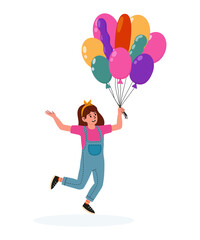 Girl joyfully running with colorful balloons in her hands at a festive occasion