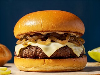 A delicious cheeseburger featuring a juicy patty, melted cheese, and saut&eacute;ed onions, all tucked in a soft golden bun.