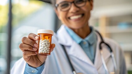 Smiling elderly physician presenting a bottle of medication. Doctor showing prescription drugs with a positive attitude