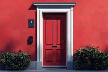 Fototapeta premium Front view of a vibrant red front door with white trimmings on a red stucco wall, complemented by symmetrical green bushes and ambient sunlight