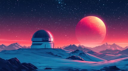 Futuristic Observatory on Snow-Covered Mountain Under Vibrant Red Planet and Starry Sky in a Stunning Nocturnal Landscape with Distant Peaks