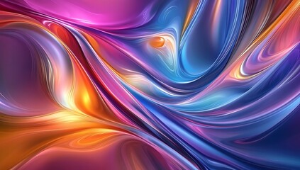 A vibrant abstract background with fluid shapes in shades of purple, blue, pink, orange, and yellow. Smooth curves and wavy lines create depth, motion, and an elegant, energetic atmosphere.