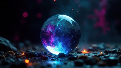 A glowing witchcraft ball with a cosmic scene inside, surrounded by small stones and embers on a dark surface.