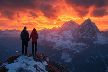Fototapeta premium Couple enjoys romantic sunset view over majestic mountains in a serene landscape