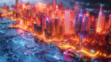 Fototapeta premium Futuristic New York City skyline, vibrant lights, digital art, urban landscape, stock photo