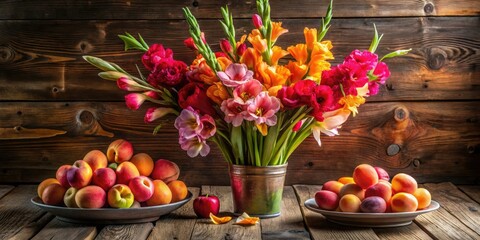 Sun-drenched gladioli and apricots burst with summer's vibrant hues in this still life.
