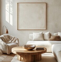 Modern beige living room with large art print, coffee table, and comfy seating
