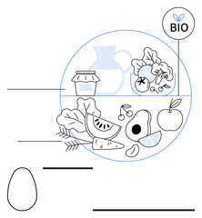 Assorted fresh produce with avocado, watermelon, apple, broccoli, lettuce, cherries, jar, egg bio label. Ideal for nutrition health eco-living sustainability diet plans organic trends abstract