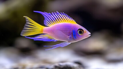 Vibrant freshwater fish swimming gracefully in a serene aquarium, surrounded by colorful rocks